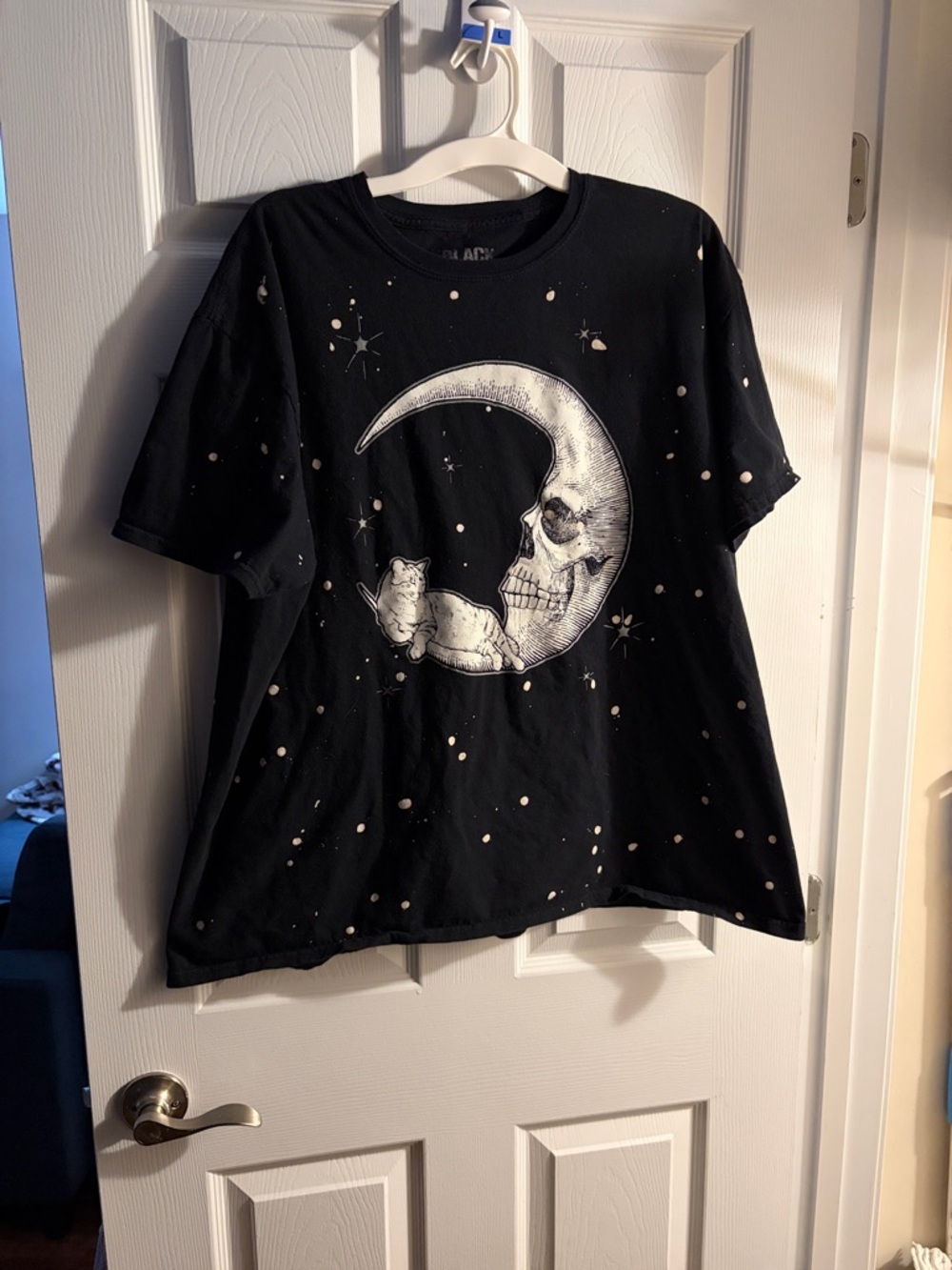 Black Matter Black Tee with White Moon Skull & Cat Graphic